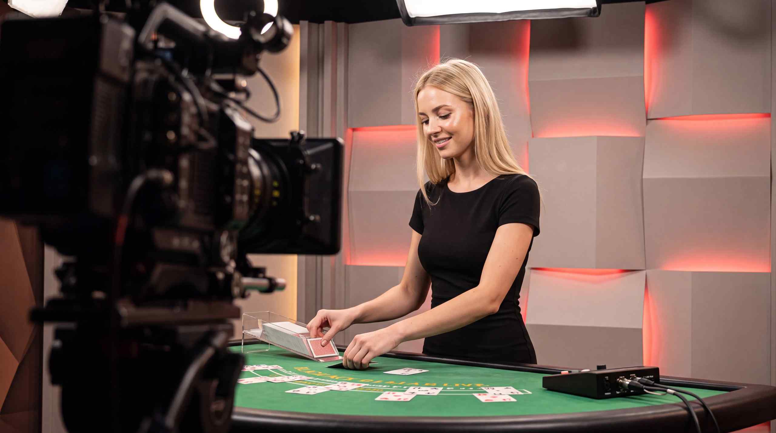 A female dealer that's being live streamed for an online casino.